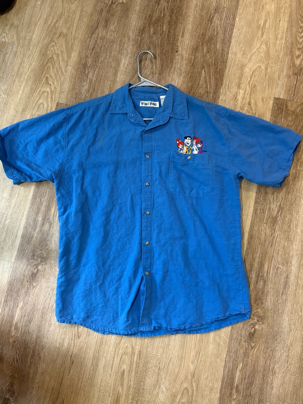 Vintage Blue Short-Sleeve Button-Up Shirt with Embroidered Flinstones Y2K 90s